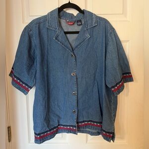 Denim Button-Up Shirt with Red White and Blue Embroidery